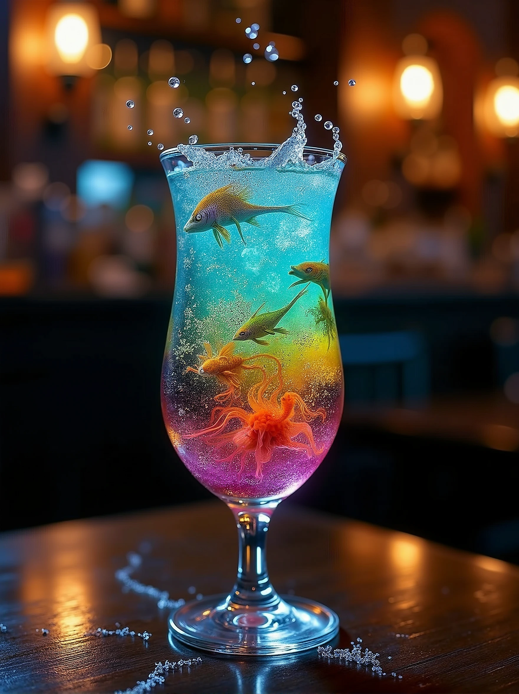 When I drink this cocktail I feel like I am drinking a whole ecosystem. Colorful creatures swim in its tall crystal clear glass. The backlight in the pub makes them so much more interesting.