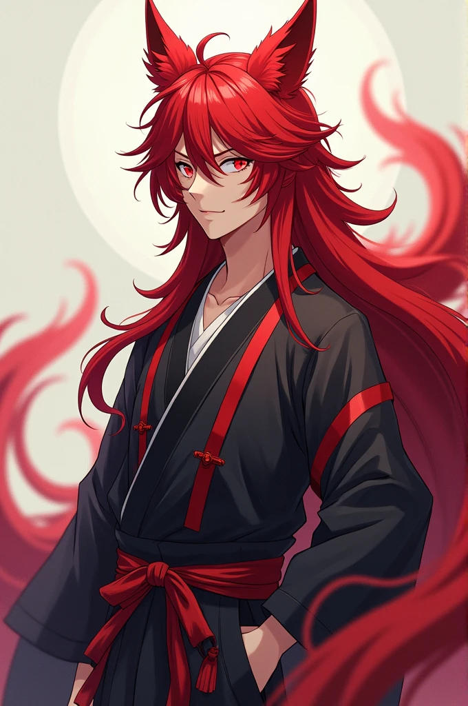 Create a 20-year-old man who is 1,76, who has long red hair and red eyes, who wears normal clothes and a haori, What is a nine-tailed kitsune?, full body, anime, with warrior appearance