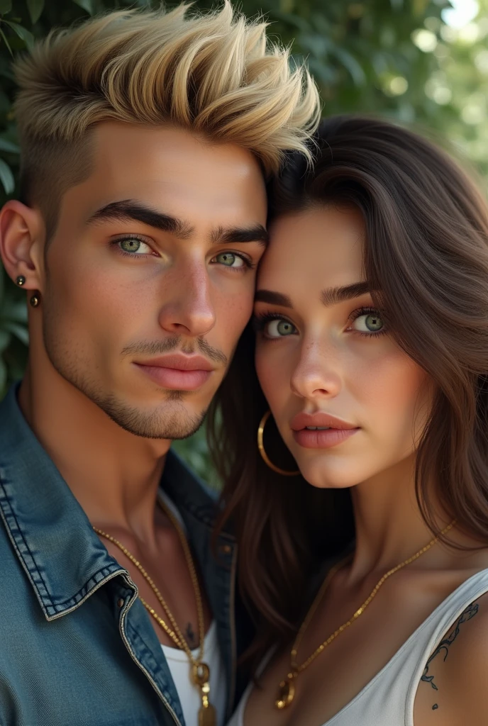 guy, blond, short haircut with spiky hair ,ears are pierced , green eyes , realistic 24 year old handsome guy , and 20 year old beautiful girl , the girl has brown hair, long hair, oval face, blue eyes , realistic
