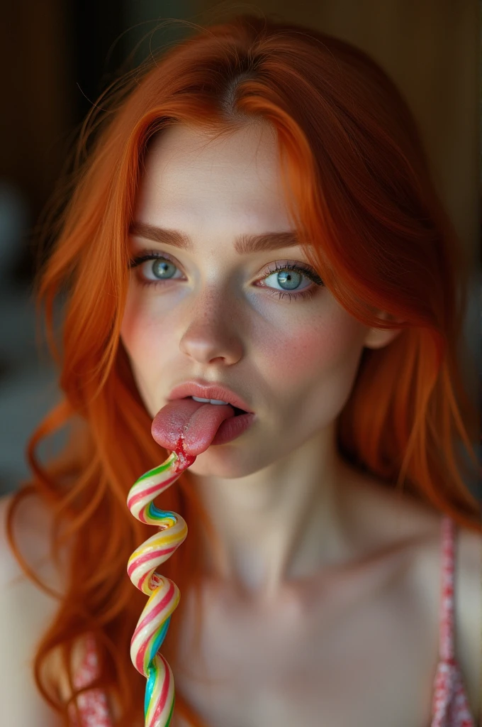 (full-body shot:1) Realistic images (Lying position:1) Miss, Surrealism, photography, Long red hair, Miss, 24 years old, Hourglass figure, Perfect body, Flirty look, Natural medium breasts, Blurred Background, Her wet tongue licked a thick, long, rainbow-colored spiral lollipop., A tiny bit of saliva dripped from her tongue, Attractive appearance, Long eyelashes, Cat eye makeup