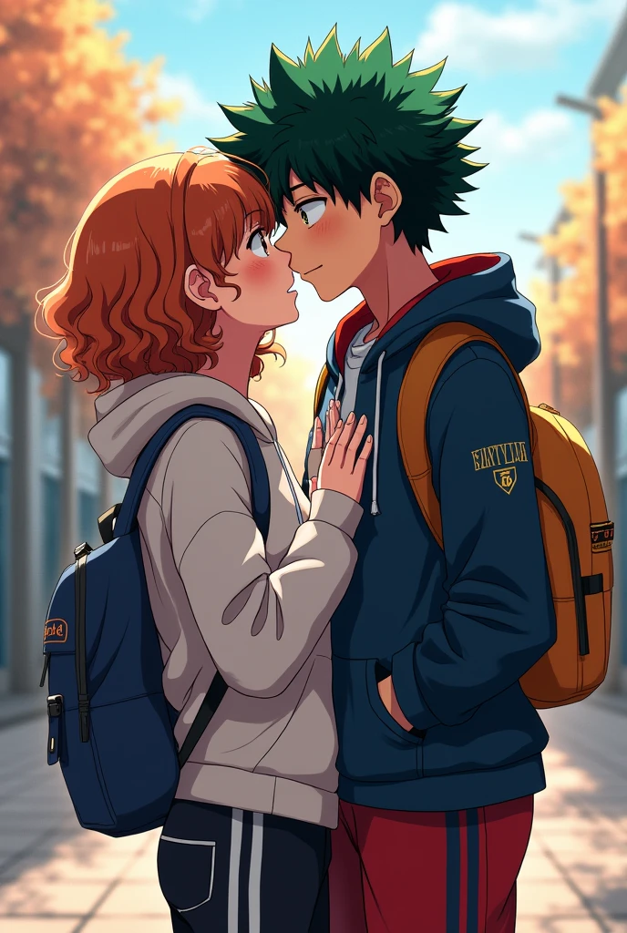 Izuku Midoriya (female with curly hair), Who kisses Katsuki Bakugo (male), in sportswear, High school students , du style manga (My Hero Academia)