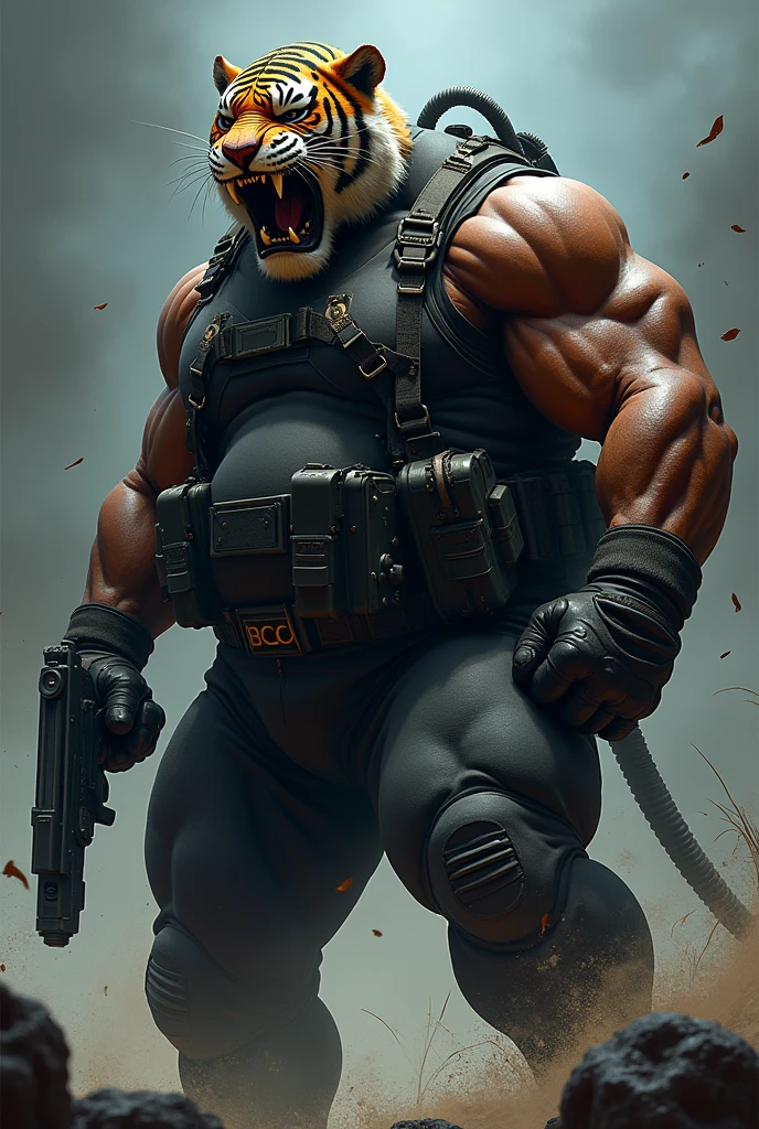 (a dark-skinned fat muscular old man in skintight scuba diver suit) carrying a gun in right hand, (wearing realistic roaring tiger mask), dynamic action pose, fierce expression, showcasing an imposing stature, surrounded by military elements, dramatic shadows and intense highlights, cinematic color tones, high detail, powerful, art influenced by Bruce Onobrakpeya and Stanley Artgerm, ultra-detailed, best quality image, action-packed atmosphere. fighting stance. Huge Bulge, Hyper Size Bulge,Cock Bulge, Balls Bulge