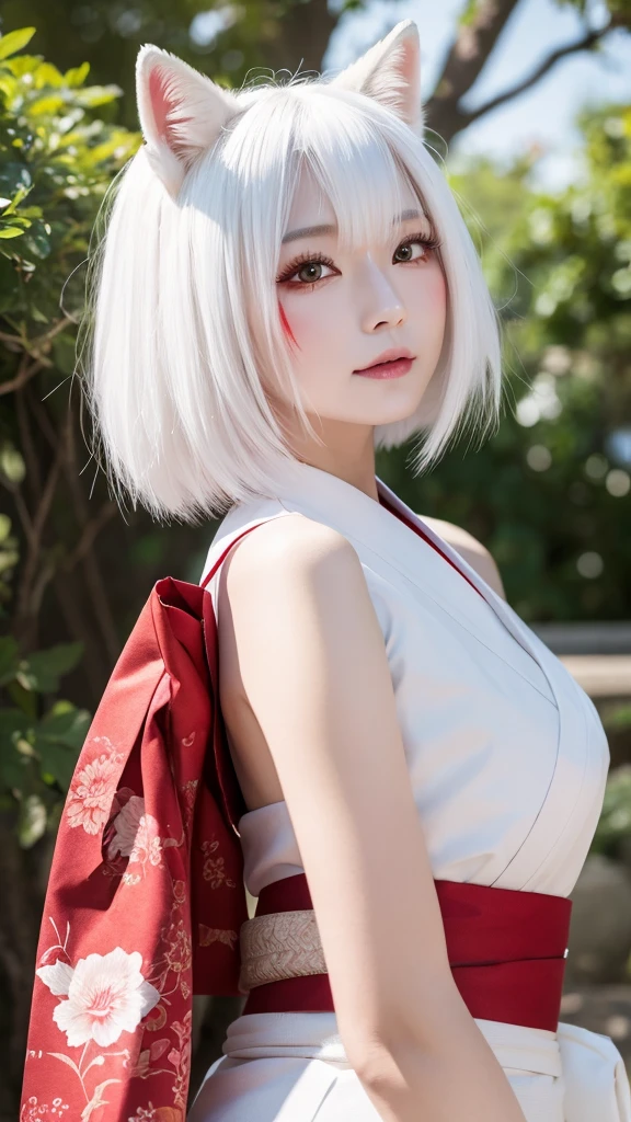 White Demon Fox、Nine-tailed Fox、Japanese women、kimono、Fair skin、Red lines on face、8K、I have white hair、Bobshort hair