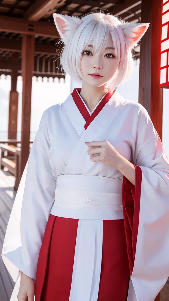 White Demon Fox、Nine-tailed Fox、Japanese women、kimono、Fair skin、Red lines on face、8K、I have white hair、Bobshort hair