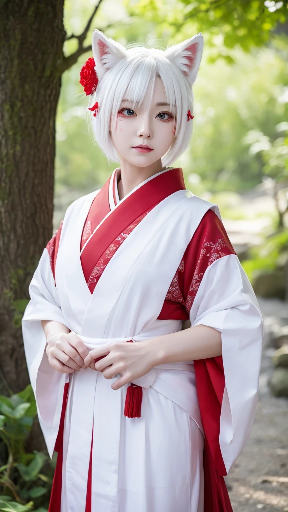 White Demon Fox、Nine-tailed Fox、Japanese women、kimono、Fair skin、Red lines on face、8K、I have white hair、Bobshort hair