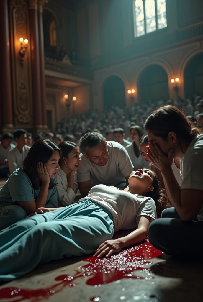 Create a realistic 3D image of dead body of a female doctor is lying on the floor and blood stains on the floor inside an auditorium and her family is crying