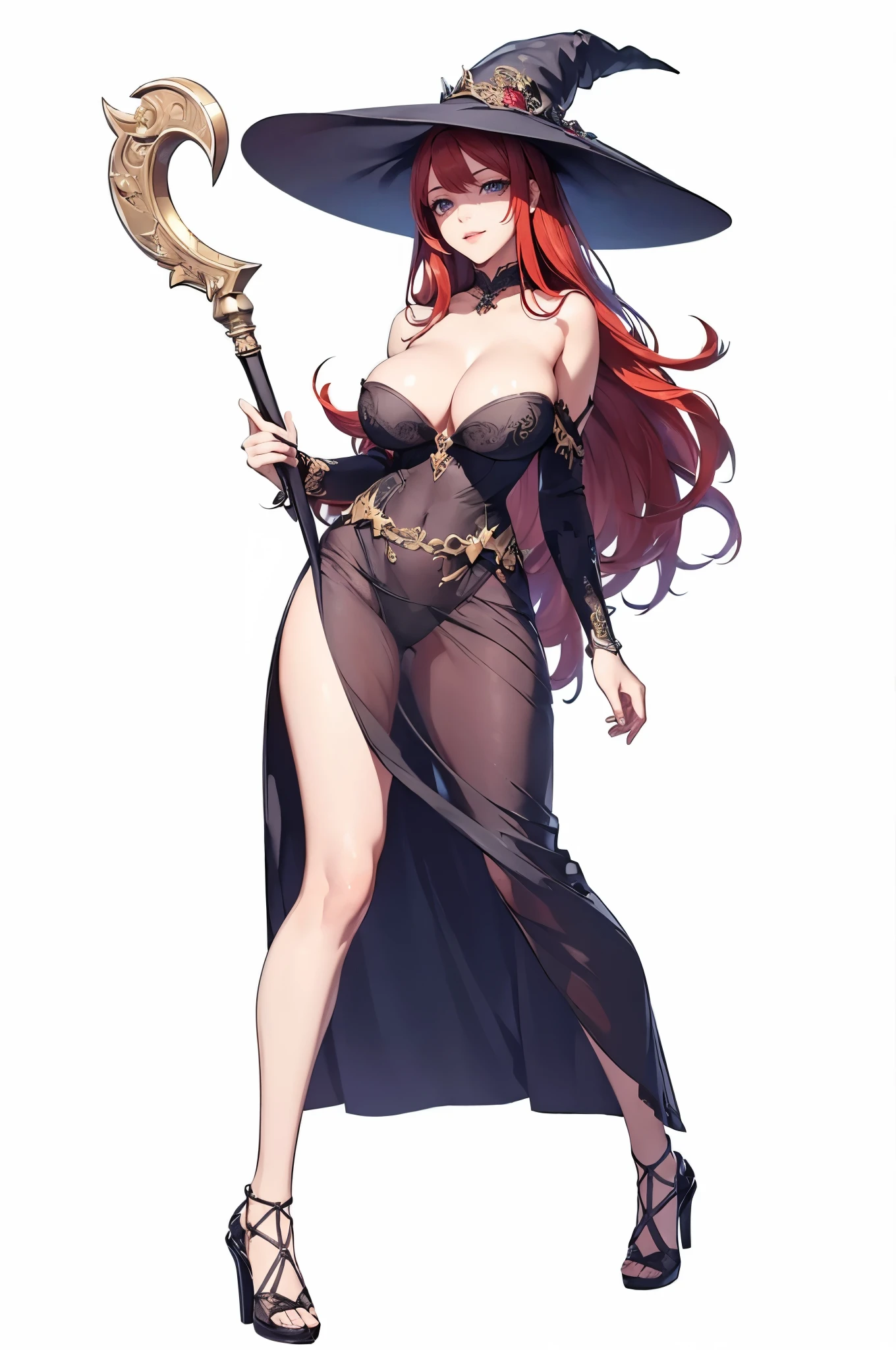 ((1girl, solo)), sorceress (dragon's_crown), (large breasts:1.5), beautiful body, (perfect anatomy, perfect body, perfect hands, perfect legs), nice hands, natural proportions, sexy body, standing, holding a staff BREAK
((extremely detailed face)), brown eyes, (beautiful detailed eyes:1.6), (realistic pupils, realistic iris:1), expressive eyes, looking at viewer, (clear eyes:1.3), (hyperrealistic:1.2), (detailed skin texture:1.2), smooth skin, (red hair:1.5), long hair, (detailed lips:1.2), (attractive lips:1.1), (glossy lips:1.1), ((smile)), perfect face, perfect eyes BREAK
witch hat, strapless dress, collarbone, cleavage, detached sleeves, bare shoulders, tight wrist, side slit, thigh, high heels, staff BREAK
(masterpiece:1.5), anime-style, top quality, best quality, (beautiful and aesthetic:1.2), (ultra detail:1.5), Ultra-detailed depiction, Ultra-precise depiction, extremely detailed 8k illustration, high resolution, (highly detailed shading:1.2), (realistic lighting:1.4), perfect lighting, vibrant colors, dynamic tones, striking hues, 8k, absurd resolution, perfect shadows, hdr, UHD, ambient lighting, realistic, ultra-realistic, photo realistic, highly detailed, rich detail, luminous colors, fine texture, intricate design, professional illustration, (soft light:1.2), (illustration:0.7)