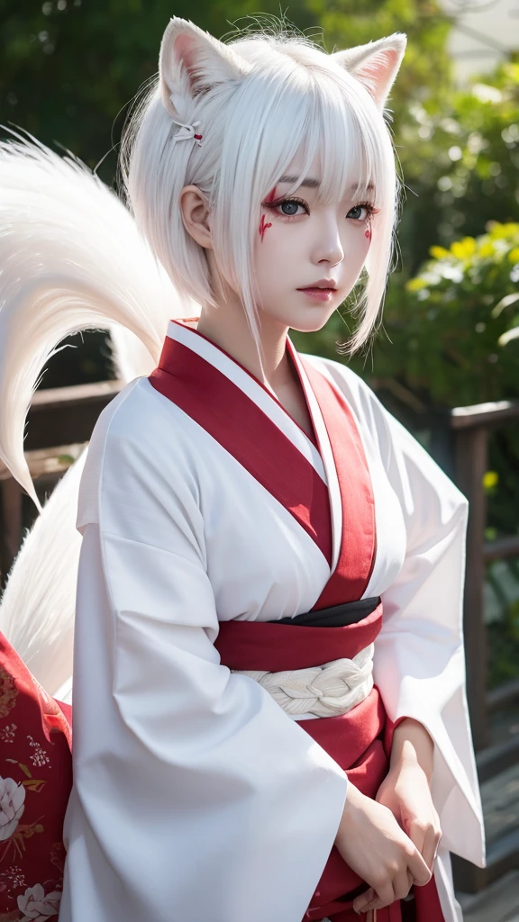 White Demon Fox、Nine-tailed Fox、Japanese women、kimono、Fair skin、Red lines on face、8K、I have white hair、Bobshort hair
