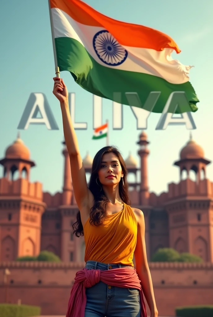 A woman holding the Indian flag proudly in one hand, standing in front of the Red Fort. On the side, the name 'Aliya' is written in large, transparent letters, creating a patriotic and vibrant 3D scene ultra realistic photography hd 32K