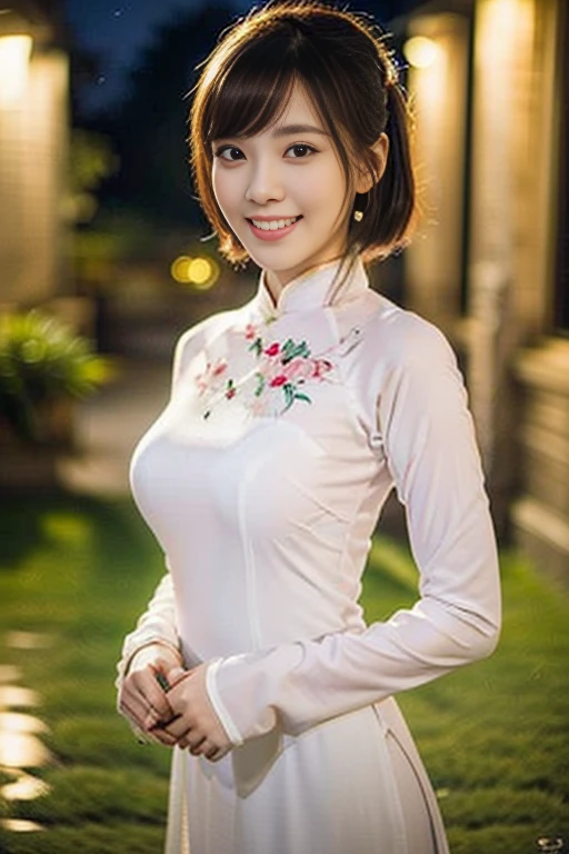 (a gorgeous Vietnamese lady, Youthful & feminine, Vietnamese traditional dress Ao Dai, posing at Ho, Chinese gardenz under night sky,

Easygoing expression, very beautiful face, very detailed face, very detailed eyes, beautiful detailed eyes,  dimples, kind smile, cute snaggle-tooth, short ponytail, short bob cut, bangs, ample round bosom, huge breasts,

 photorealistic, hyper-realism, high contrast, ultra HD, realistic skin textures, top image quality, top-quality, super high resolution, fine details, very meticulously, masterpiece, high_angle shot, full body shot, the Cowboy shot, romantic atmosphere, bokeh night background)