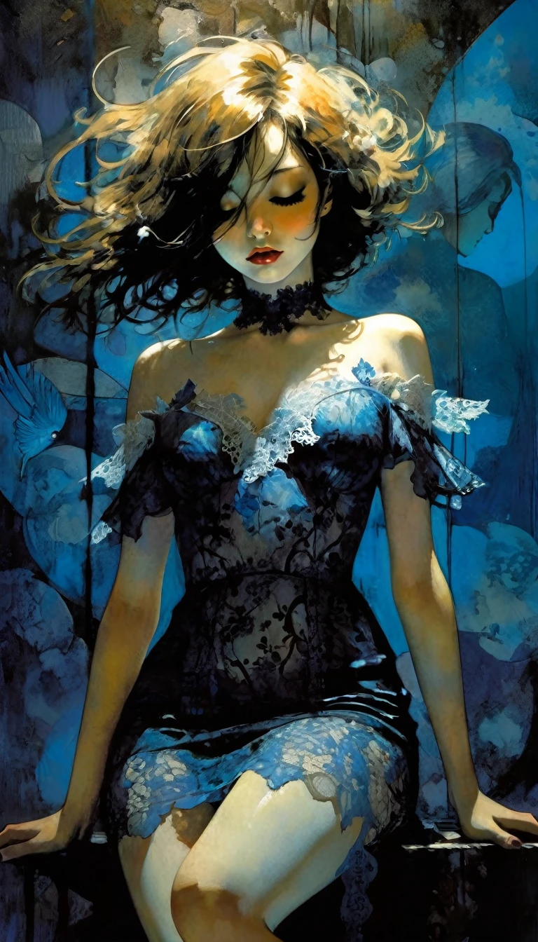 1girl, sexy, floral, cloud, bird, flow, hair over eyes, hair over one eye, sexy lace dress, (((ultra detailed))), softcore, kawaii, eroticism, sexy, between shadows, oil painting, chiaroscuro,{pussy,spread her pussy,cum,cum on pussy,masterbation,straddling,y} sensual, dramatic lighting, moody atmosphere, photorealistic, intricate details, masterpiece, ultra-detailed, high quality, 8k, best quality, realistic, cinematic, dark and brooding, expressionistic, powerful composition,blue tones, emotional impact, art inspired by Bill Sienkiewicz and Dave Mckean
