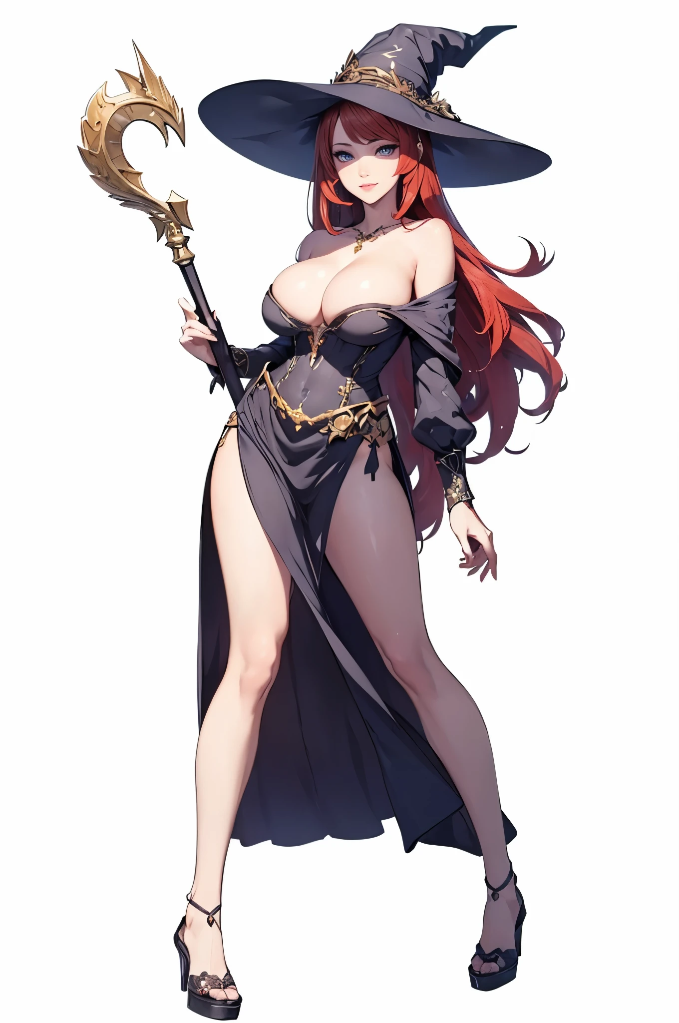 ((1girl, solo)), sorceress (dragon's_crown), (large breasts:1.5), beautiful body, (perfect anatomy, perfect body, perfect hands, perfect legs), nice hands, natural proportions, sexy body, standing, holding a staff BREAK
((extremely detailed face)), brown eyes, (beautiful detailed eyes:1.6), (realistic pupils, realistic iris:1), expressive eyes, looking at viewer, (clear eyes:1.3), (hyperrealistic:1.2), (detailed skin texture:1.2), smooth skin, (red hair:1.5), long hair, (detailed lips:1.2), (attractive lips:1.1), (glossy lips:1.1), ((smile)), perfect face, perfect eyes BREAK
witch hat, strapless dress, collarbone, cleavage, detached sleeves, bare shoulders, tight wrist, side slit, thigh, high heels, staff BREAK
(masterpiece:1.5), anime-style, top quality, best quality, (beautiful and aesthetic:1.2), (ultra detail:1.5), Ultra-detailed depiction, Ultra-precise depiction, extremely detailed 8k illustration, high resolution, (highly detailed shading:1.2), (realistic lighting:1.4), perfect lighting, vibrant colors, dynamic tones, striking hues, 8k, absurd resolution, perfect shadows, hdr, UHD, ambient lighting, realistic, ultra-realistic, photo realistic, highly detailed, rich detail, luminous colors, fine texture, intricate design, professional illustration, (soft light:1.2), (illustration:0.7)