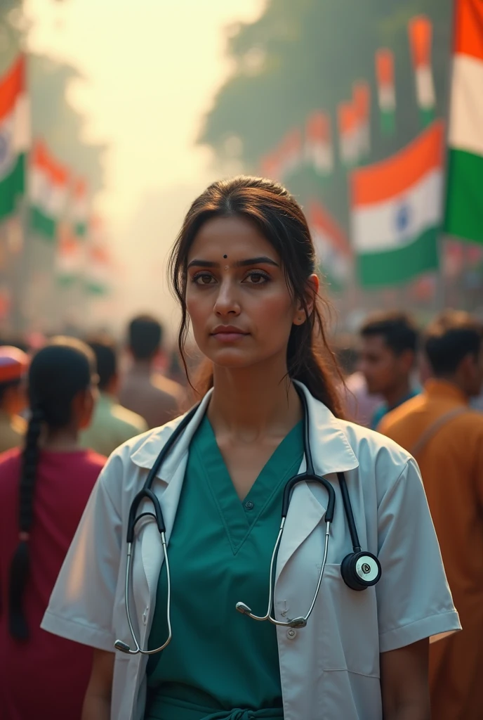 Genarate image 78th indipendence day celebrations India background women doctor with sad face