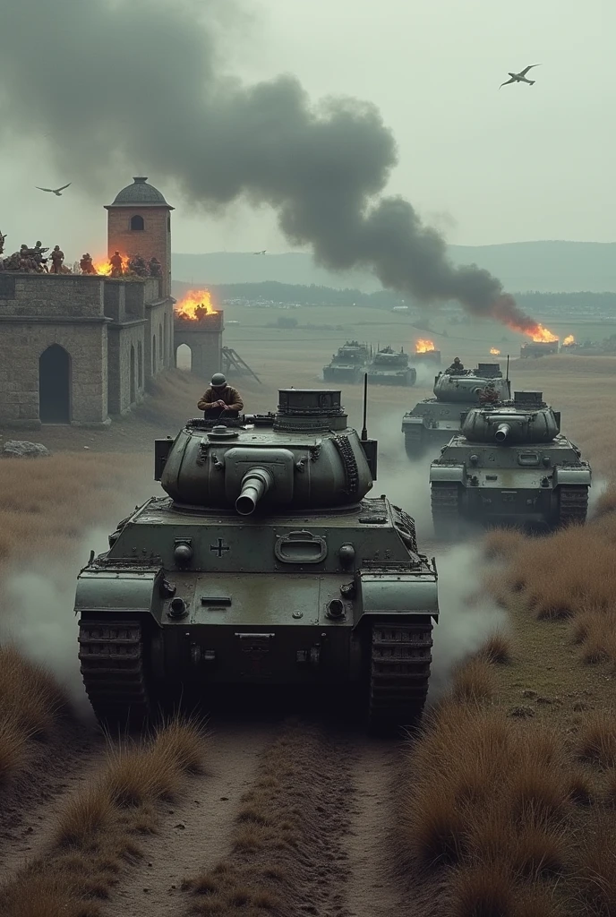 Giant German tanks firing at Polish fortresses