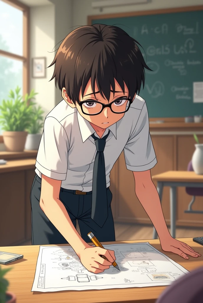 Hair: Short, dark brown hair, slightly messy and falling over his forehead.Eyes: Wears glasses, giving him a studious, nerdy look.Facial expression: Often has a flustered or nervous expression.Build: Slender and average, with no particularly athletic features.Clothing: Typically wears a white shirt : a white shirt, dark trousers, and a tie. Doing artwork ahigh skool Boy  anime 2d watching anime 
