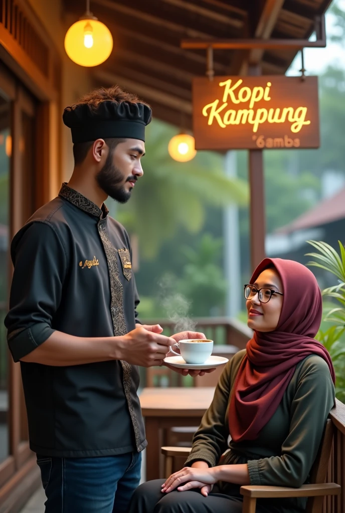 Image setting wide top view, created a hensom man with a slightly medium body, glasses, Malay face, 27 year, very little short, thin, and neat beard and mustache. Barista shirt and chef skull hat, he was a restaurant waiter who delivered a cup of warm coffee to are beautiful Malay women hijab, 36 year, glasses, sitting are chair and facing camera, The Barista Shirt making word Gold inscription "payid", the background is outside village Old Coffee Cafe.hanging a signboard behind the man that say 'Kopi Kampung' text style, the image is very detailed, super HD