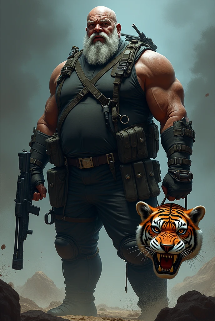 (a dark-skinned fat muscular bearded old man in skintight scuba diver suit) carrying a gun in right hand, (carrying realistic roaring tiger mask), dynamic action pose, fierce expression, showcasing an imposing stature, surrounded by military elements, dramatic shadows and intense highlights, cinematic color tones, high detail, powerful, art influenced by Bruce Onobrakpeya and Stanley Artgerm, ultra-detailed, best quality image, action-packed atmosphere. fighting stance. Huge Bulge, Hyper Size Bulge,Cock Bulge, Balls Bulge