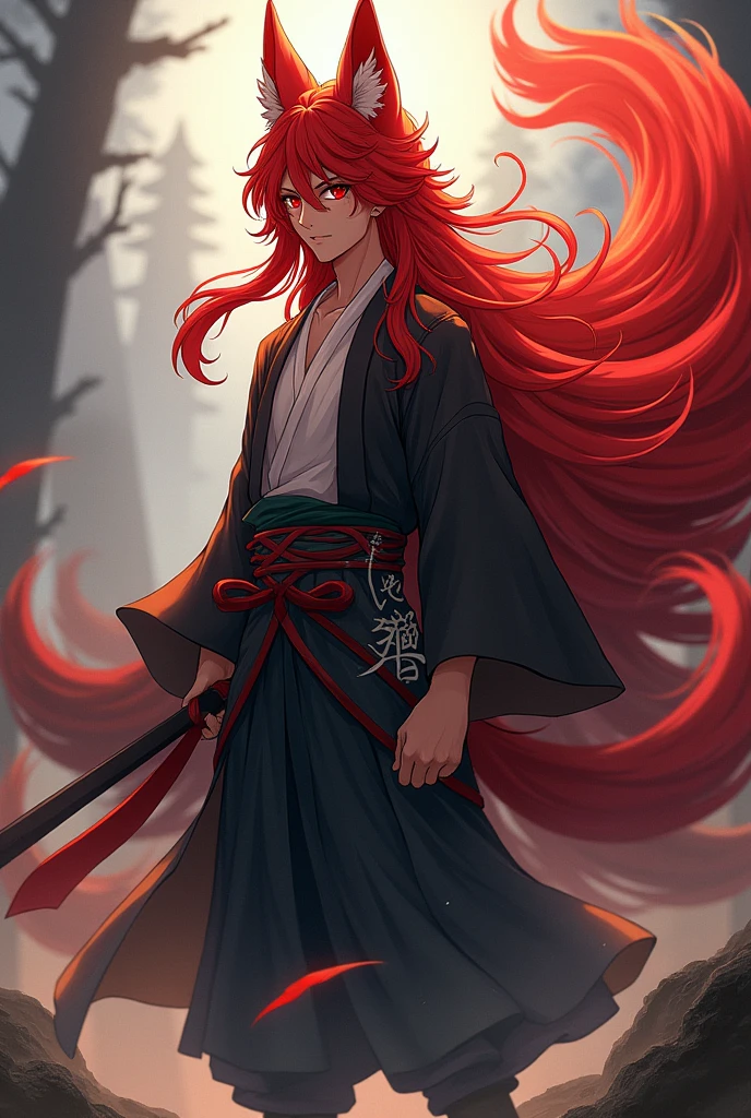 Create a 20-year-old man who is 1,76, who has long red hair and red eyes, who wears normal clothes and a haori, What is a nine-tailed kitsune?, full body, anime, with warrior appearance