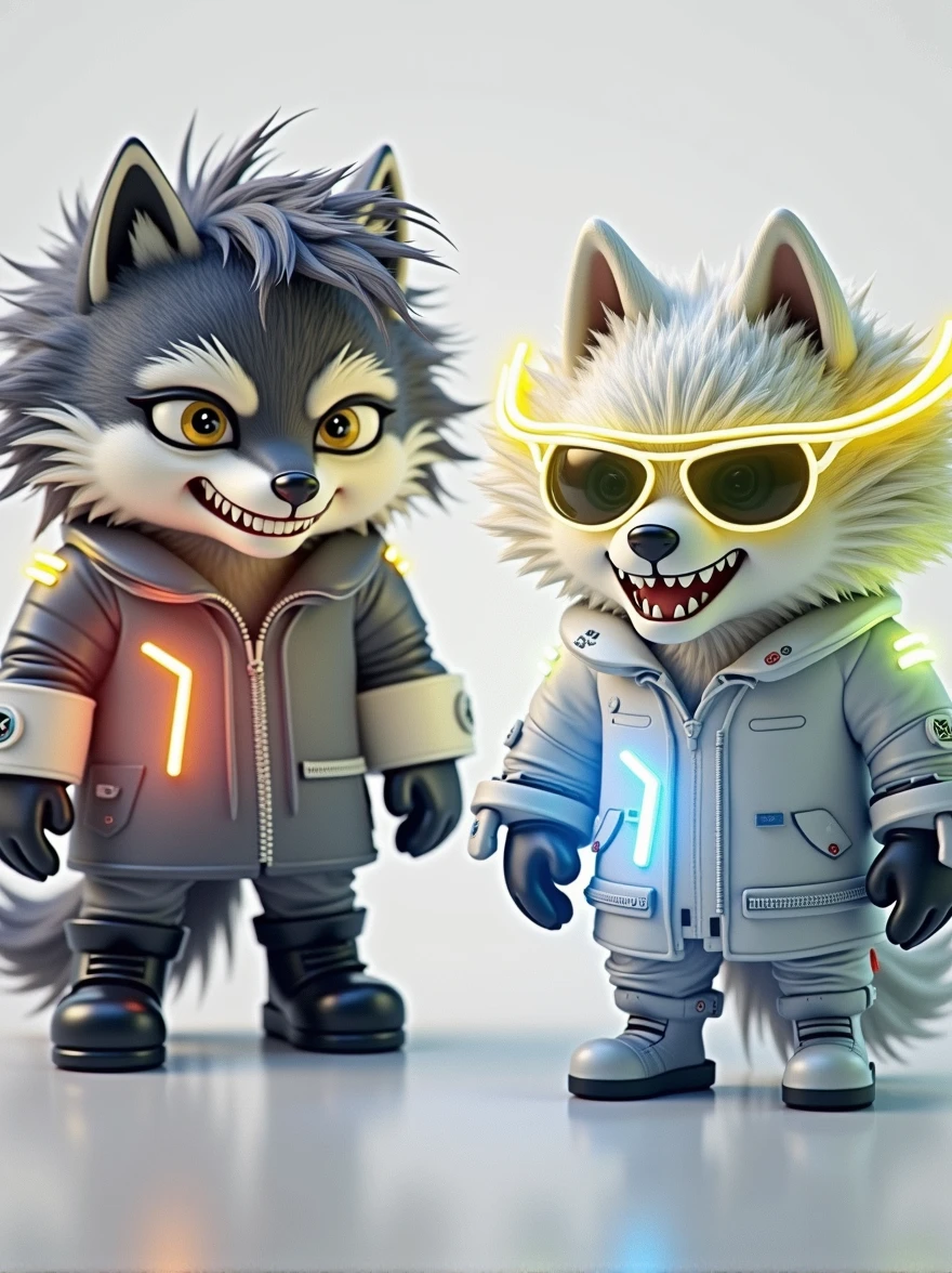 3D rendering in C4d and Blender of a cute cartoon style wolf wearing a black leather Parka and white techwear underneath, with big eyes, sunglasses, small nose, and a full body shot against a white background. The wolf has black leather boots and a chibi character design with studio lighting. The wolf is grinning evilly, with illuminated lines on the suit, high resolution, high details, and best quality