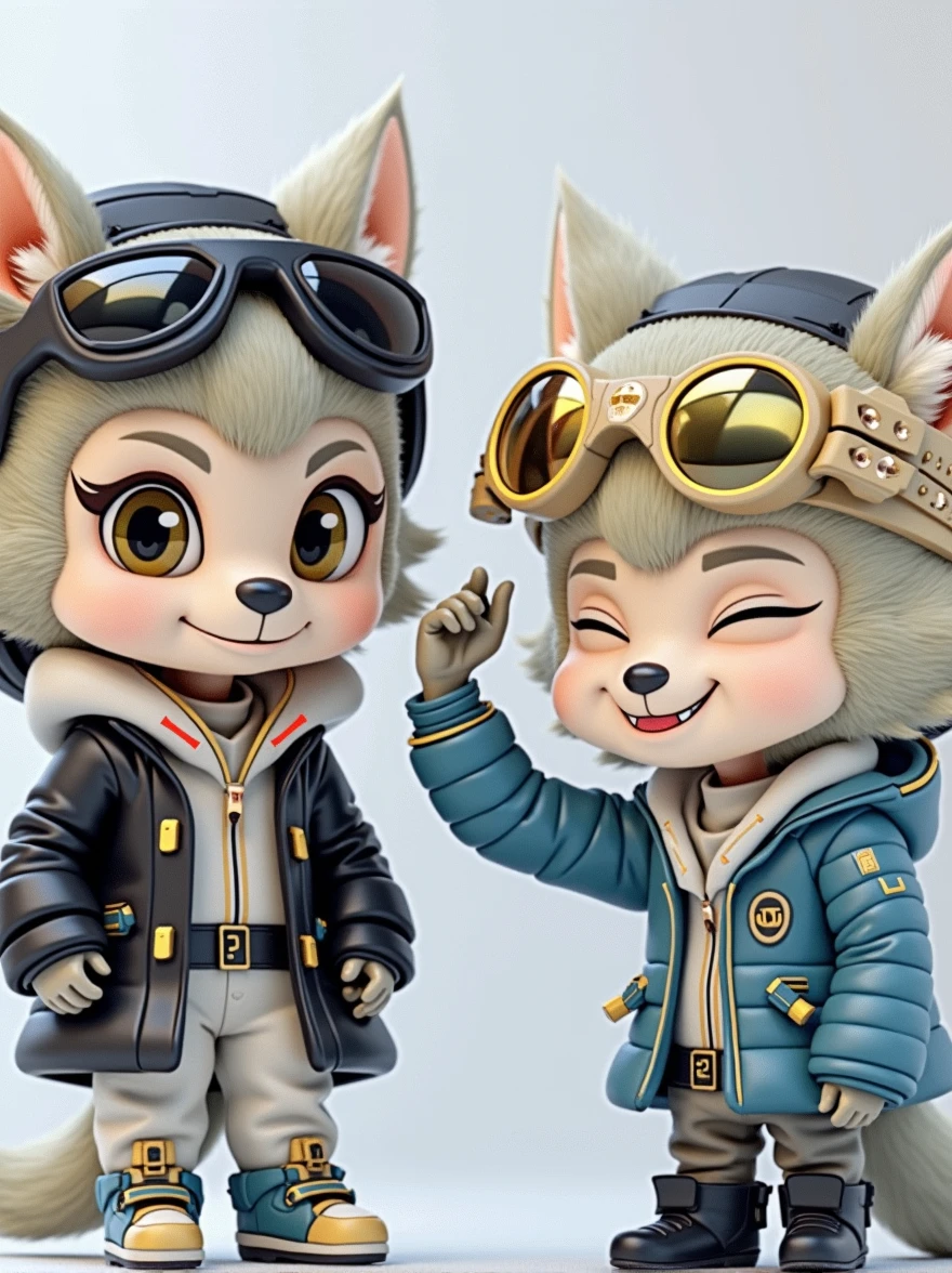 3D rendering in C4d and Blender of a cute cartoon style wolf wearing a black leather Parka and white techwear underneath, with big eyes, sunglasses, small nose, and a full body shot against a white background. The wolf has black leather boots and a chibi character design with studio lighting. The wolf is grinning evilly, with illuminated lines on the suit, high resolution, high details, and best quality