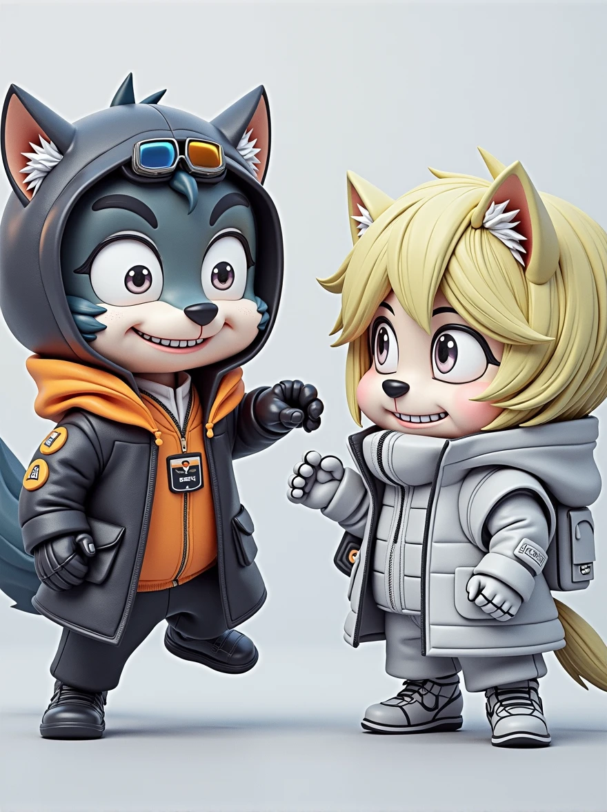 3D rendering in C4d and Blender of a cute cartoon style wolf wearing a black leather Parka and white techwear underneath, with big eyes, sunglasses, small nose, and a full body shot against a white background. The wolf has black leather boots and a chibi character design with studio lighting. The wolf is grinning evilly, with illuminated lines on the suit, high resolution, high details, and best quality