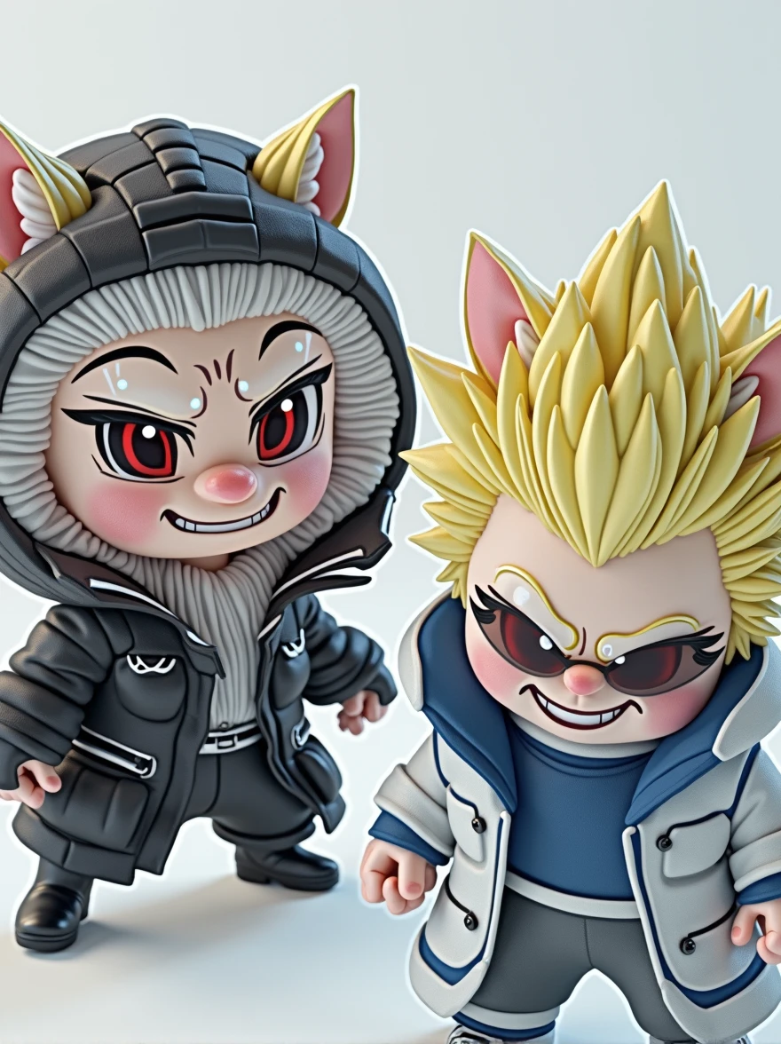 3D rendering in C4d and Blender of a cute cartoon style wolf wearing a black leather Parka and white techwear underneath, with big eyes, sunglasses, small nose, and a full body shot against a white background. The wolf has black leather boots and a chibi character design with studio lighting. The wolf is grinning evilly, with illuminated lines on the suit, high resolution, high details, and best quality