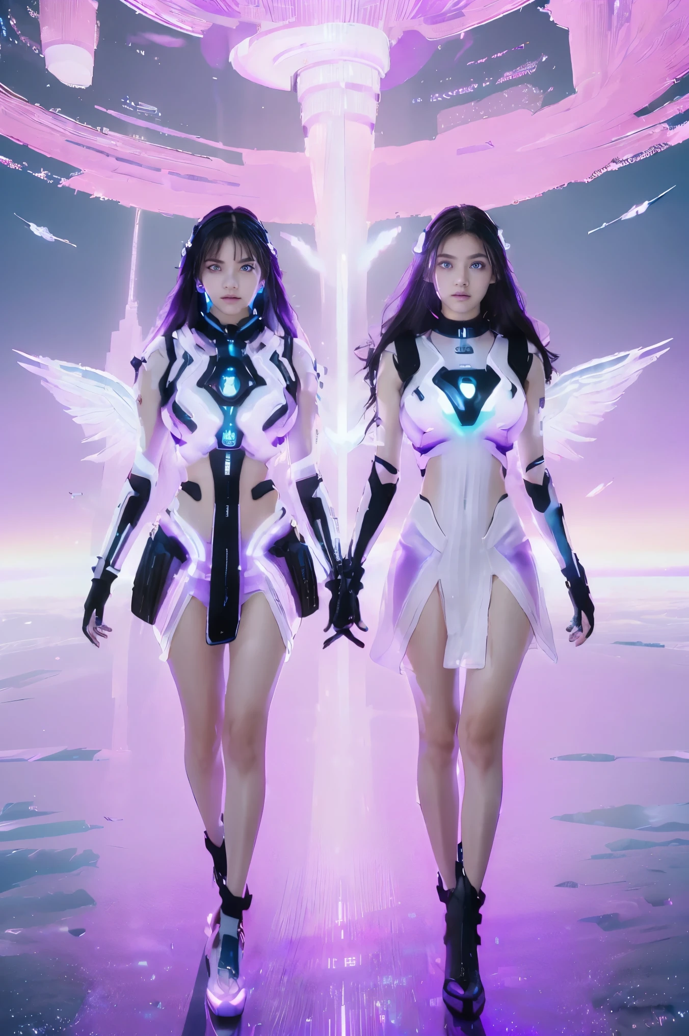 ((Masterpiece, best quality, very detailed), Volumetric light, surrounding occlusion, colorful, glow), 
2 girls,  young girl, (Long hair with a gradient of white and purple),  radius, Aura, sacred, owner, cybersuits, (white dress:1.3), robot, Bot, angel wings,
outdoor, sunset, sky, cloud, space, (Cyberpunk theme:1.2),