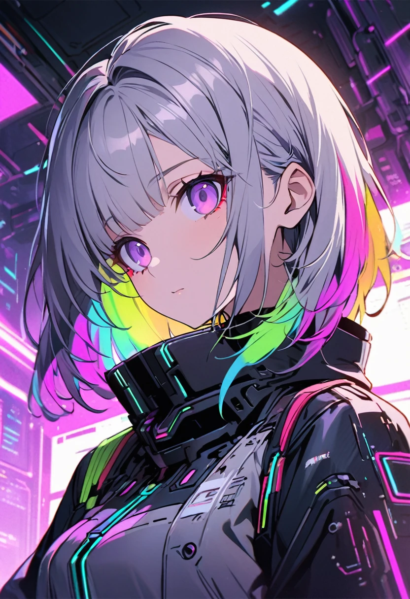 good looking, alone, 1 female, Medium Hair, Gray Hair, Rainbow Hair, Purple eyes, Black clothes, Futuristic, cyber punk, Cybernetic, neon, Scientist,Middle school students、front