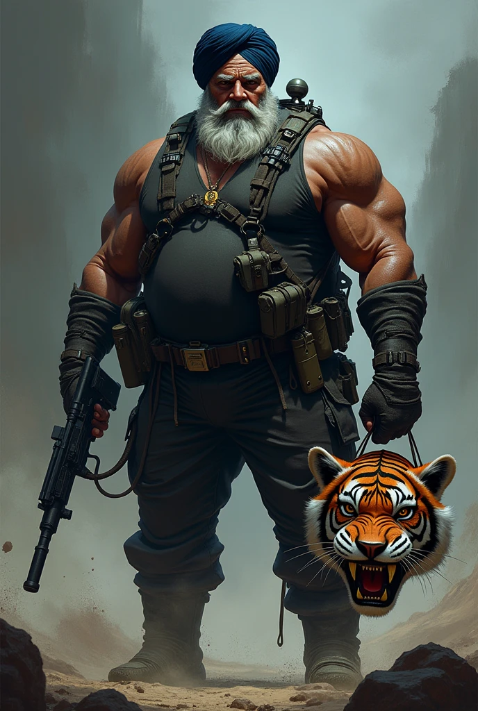 (a dark-skinned fat muscular sikh old man in skintight scuba diver suit) carrying a gun in right hand, (carrying realistic roaring tiger mask), dynamic action pose, fierce expression, showcasing an imposing stature, surrounded by military elements, dramatic shadows and intense highlights, cinematic color tones, high detail, powerful, art influenced by Bruce Onobrakpeya and Stanley Artgerm, ultra-detailed, best quality image, action-packed atmosphere. fighting stance. Huge Bulge, Hyper Size Bulge,Cock Bulge, Balls Bulge