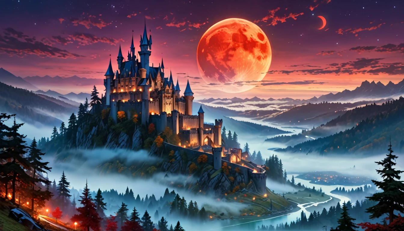 a picture of ((mist covered: 1.5)) fantasy castle at night, half covered by the ((mist: 1,5)), mist ((covers half the castle: 1.4)),  the mist covers the land, the mist covers the castle, a dark fantasy castle, (goth castle: 1.4), with towers and (red light : 1.4) coming out of the windows, the castle sits on a hill with few trees, the ((mist covers the ground and some of the castle)), it is night time, the blue moon is full, dynamic color moon, some stars, dark fantasy forest,  (best details, Masterpiece, best quality :1.5), ultra best realistic pictures , best details, best quality, 16k, [ultra detailed], masterpiece, best quality, (extremely detailed), ultra wide shot, photorealism, depth of field,
