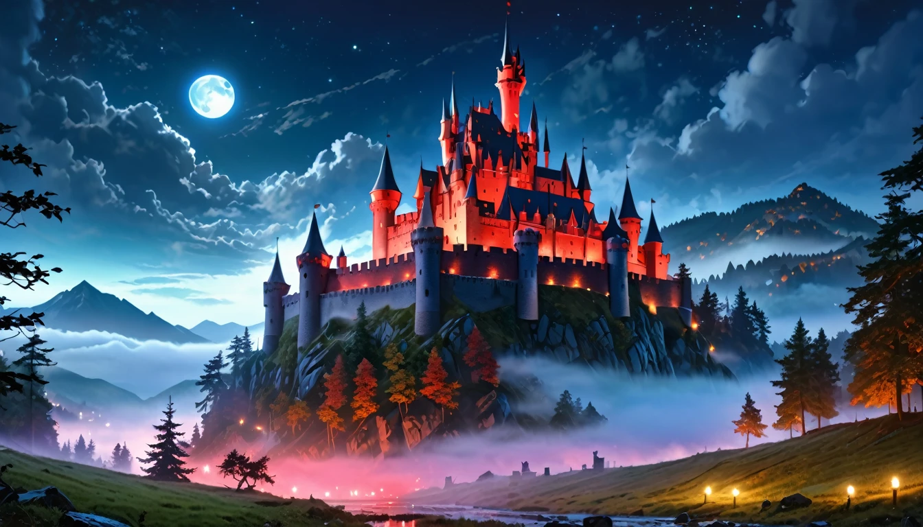 a picture of ((mist covered: 1.5)) fantasy castle at night, half covered by the ((mist: 1,5)), mist ((covers half the castle: 1.4)),  the mist covers the land, the mist covers the castle, a dark fantasy castle, (goth castle: 1.4), with towers and (red light : 1.4) coming out of the windows, the castle sits on a hill with few trees, the ((mist covers the ground and some of the castle)), it is night time, the blue moon is full, dynamic color moon, some stars, dark fantasy forest,  (best details, Masterpiece, best quality :1.5), ultra best realistic pictures , best details, best quality, 16k, [ultra detailed], masterpiece, best quality, (extremely detailed), ultra wide shot, photorealism, depth of field,