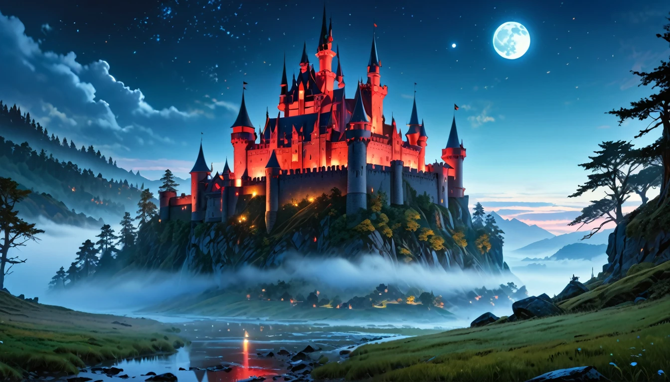 a picture of ((mist covered: 1.5)) fantasy castle at night, half covered by the ((mist: 1,5)), mist ((covers half the castle: 1.4)),  the mist covers the land, the mist covers the castle, a dark fantasy castle, (goth castle: 1.4), with towers and (red light : 1.4) coming out of the windows, the castle sits on a hill with few trees, the ((mist covers the ground and some of the castle)), it is night time, the blue moon is full, dynamic color moon, some stars, dark fantasy forest,  (best details, Masterpiece, best quality :1.5), ultra best realistic pictures , best details, best quality, 16k, [ultra detailed], masterpiece, best quality, (extremely detailed), ultra wide shot, photorealism, depth of field,