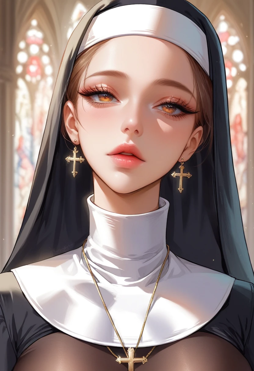 A beautiful young woman, Extremely detailed face, Long eyelashes, Beautiful eyes and lips, nun，Wearing sheer stockings as an inner wear，性感镂空nun服，1 Girl, Endless, Very detailed, 8K, masterpiece, Reality, professional