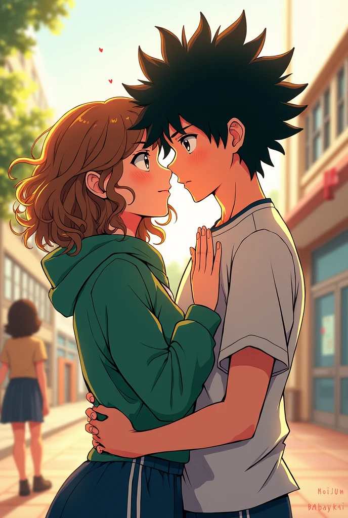 Izuku Midoriya (female with curly hair), Who kisses Katsuki Bakugo (male), in sportswear, High school students , du style manga