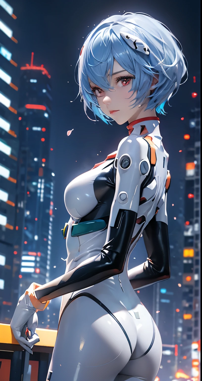 (Realistic, photoRealistic), Ayanami_wang, 1girl in, Blue short hair, white hair ornament, ((White bodysuit, gloves)), Saihar body), (Cowboy Shot),(masutepiece, High quality, Best Quality), (Colorful),(Delicate eyes and face), volumatic light, Ray tracing, the Extremely Detailed CG Unity 8K Wallpapers,Solo((flying petal)),Outdoors, ((Cyberpunk)), Cyber City, ((neon trim)), Night,(Cityscape),frontage,(Opening legs), from side