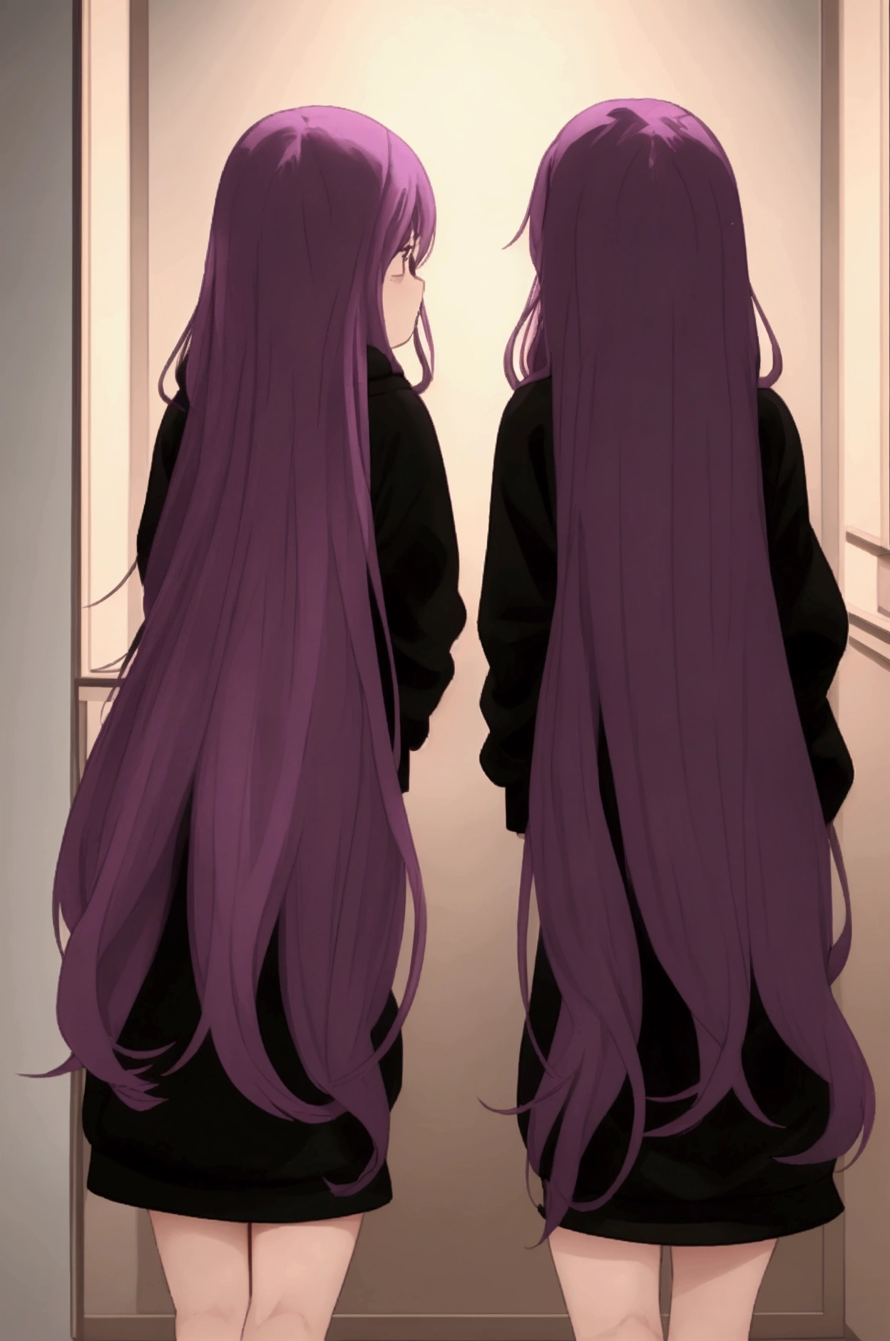 twin girls, one pink and one purple with long hair, all wearing black hoodies