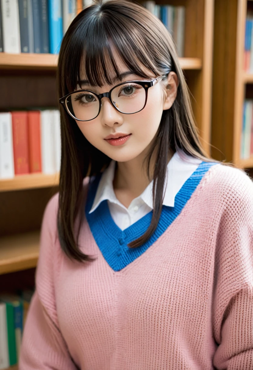 ((NSFW)), (詳しく), ((((japanese girl)))), (Square,glasses), (Straight blunt bangs:1.5), (Sweater), ((large breast)), Library,