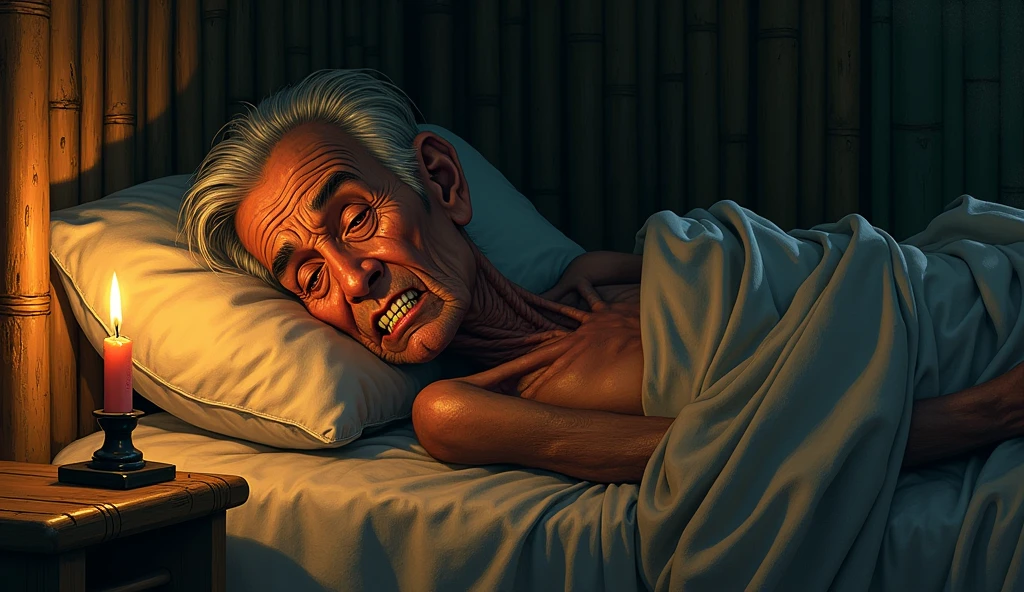 Candlelight, in the style of tomer hanuka, joram roukes, emotionally charged portraits, smilecore, rustic futurism, henrietta harris, darkly comedic, rough painting, sad, slim, ill Vietnameses old man lying on bamboo bed illustration, 1 set of gold teeth on hí mounth