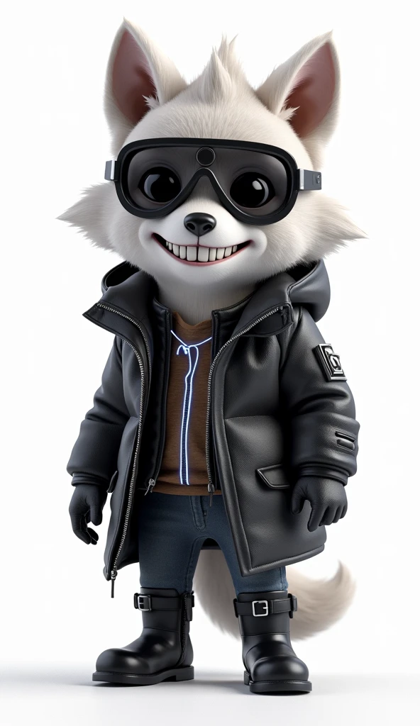 3D rendering in C4d and Blender of a cute cartoon style wolf wearing a black leather Parka and white techwear underneath, with big eyes, sunglasses, small nose, and a full body shot against a white background. The wolf has black leather boots and a chibi character design with studio lighting. The wolf is grinning evilly, with illuminated lines on the suit, high resolution, high details, and best quality