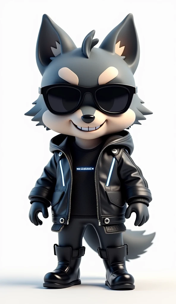 3D rendering in C4d and Blender of a cute cartoon style wolf wearing a black leather Parka and white techwear underneath, with big eyes, sunglasses, small nose, and a full body shot against a white background. The wolf has black leather boots and a chibi character design with studio lighting. The wolf is grinning evilly, with illuminated lines on the suit, high resolution, high details, and best quality