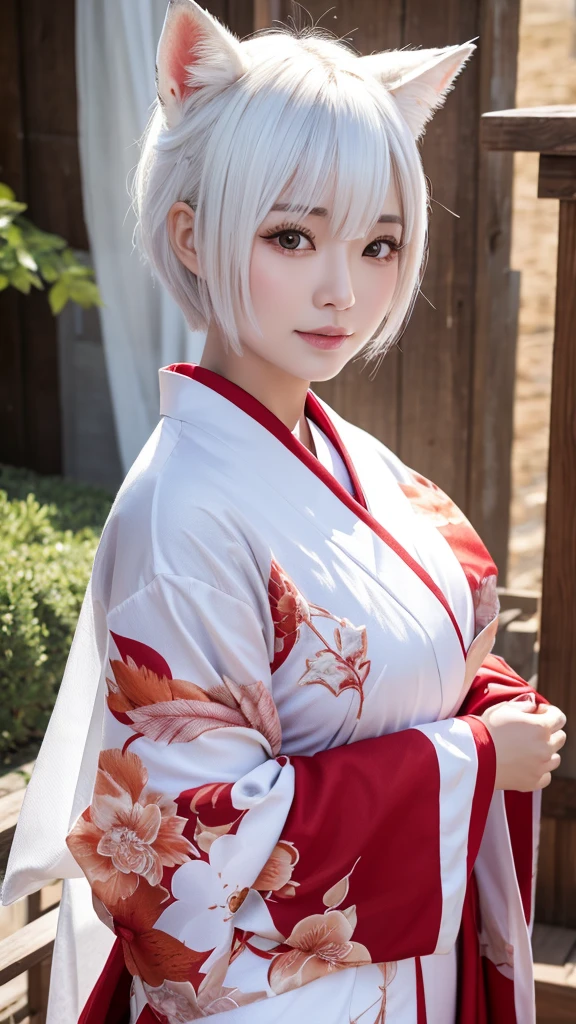 White Demon Fox、Nine-tailed Fox、Japanese women、kimono、Fair skin、Red lines on face、8K、I have white hair、Bobshort hair