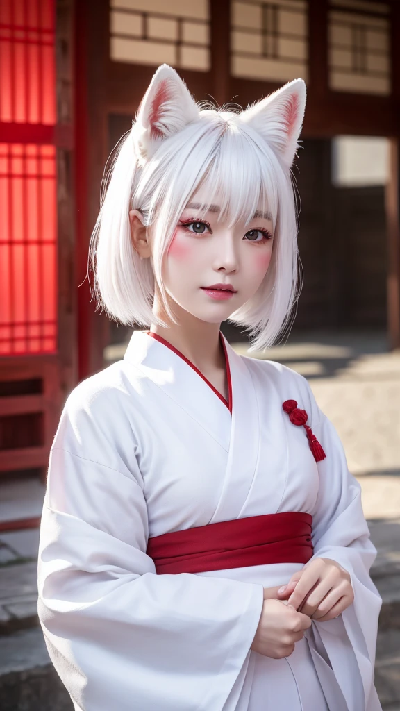 White Demon Fox、Nine-tailed Fox、Japanese women、kimono、Fair skin、Red lines on face、8K、I have white hair、Bobshort hair