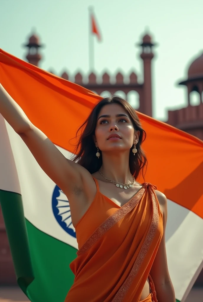 A woman holding the Indian flag proudly in one hand, standing in front of the Red Fort. On the side, the name 'Aliya' is written in large, transparent letters, creating a patriotic and vibrant 3D scene ultra realistic photography hd 32K 