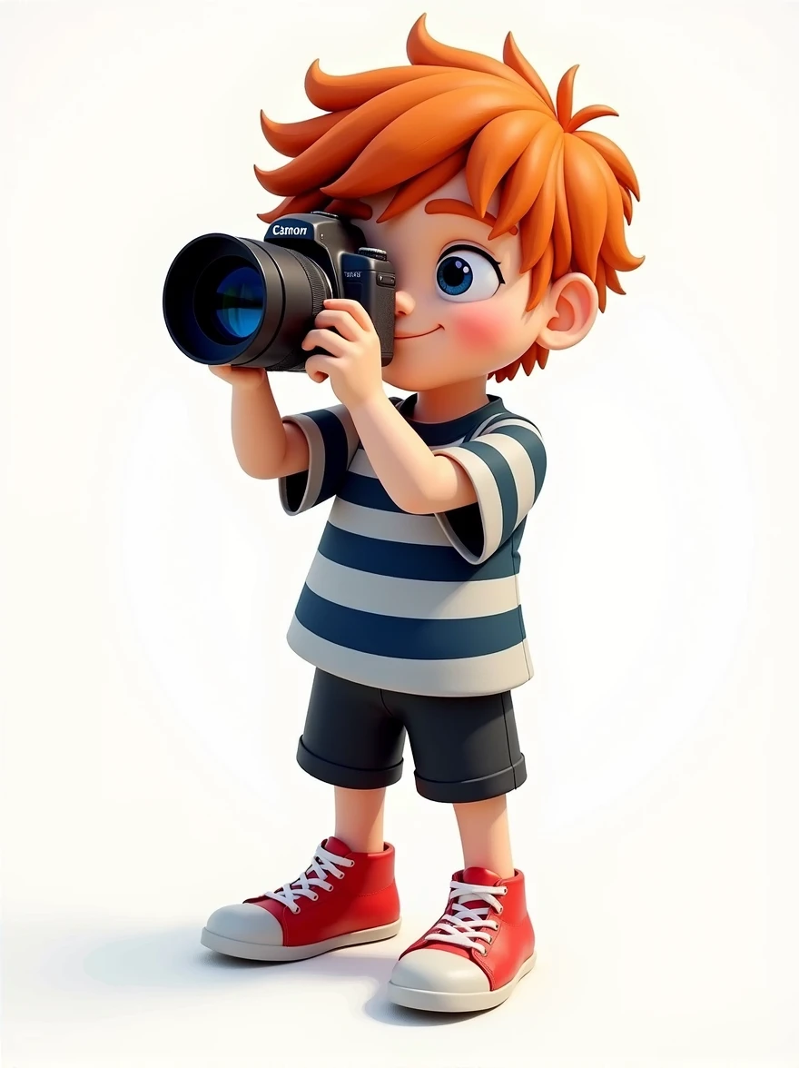 A red-haired boy in a dark blue and white shirt, black shorts and red sneakers, holding a camera. On a white background.