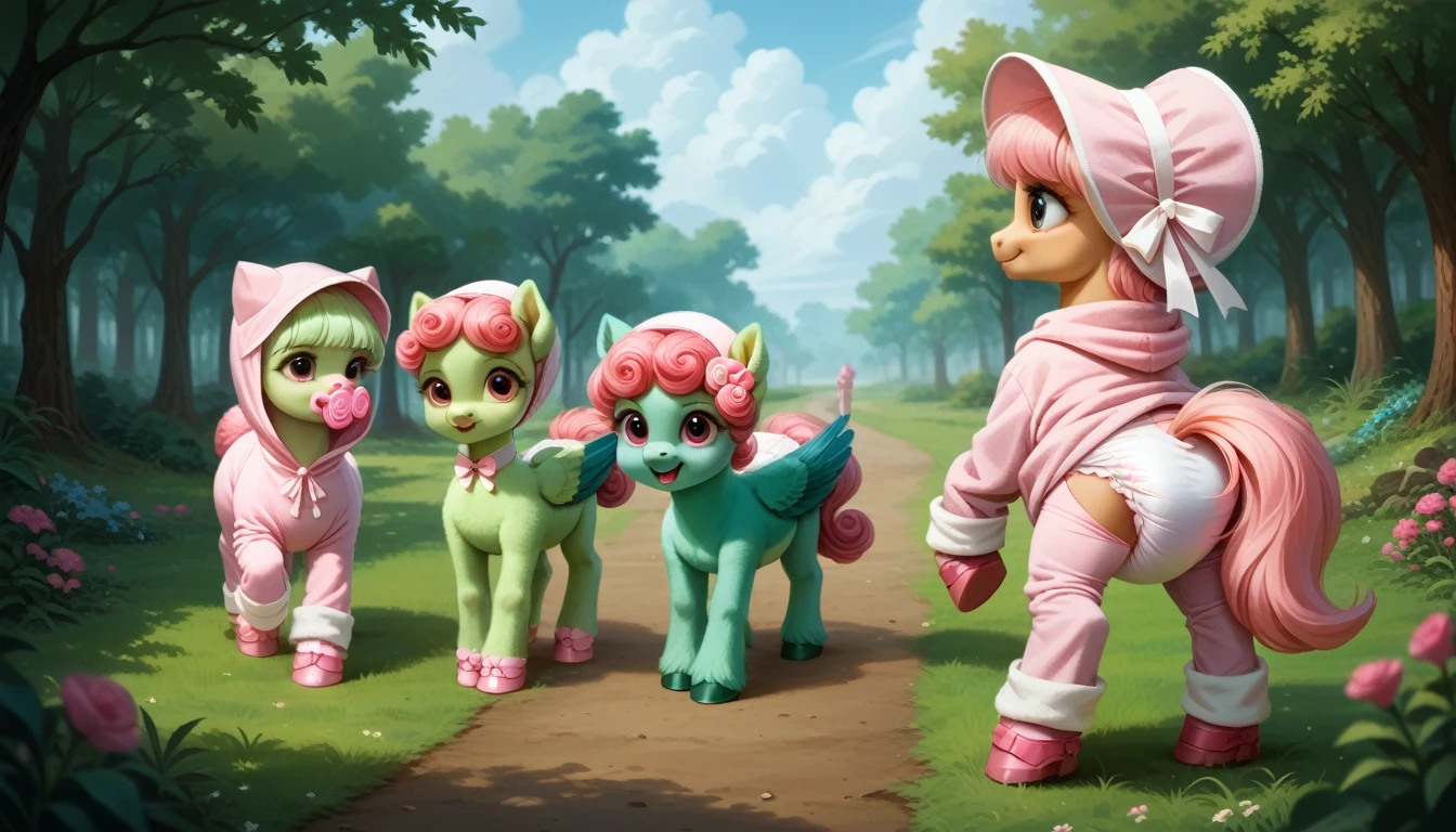 pony, Pegasus, adult filly, emerald green fur, a lush mane, gathered in a light pink bonnet, fluffy tail with a pink bow, stands on four hooves, rear hooves spread wide apart, dressed in a pink onesie and pink booties, pink pacifier in mouth, solo, thick light pink diaper under clothes.