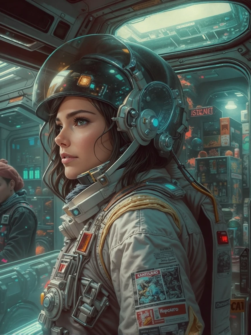 cinematic portrait of [Kaya Scodelario:Gal Gadot:0.5] donning a futuristic cyberpunk austronaut space suite walks in Intergalactic Spaceship sidewalk with handful of rationed groceries in Spaceship, wears cyberpunk austronaut space suite, Futuristic Cyberpunk Spaceship, Cyberpunk Spaceship Alley, sensuous smirk, intricate, frugal, highly detailed, intricate, digital painting, artstation, concept art, smooth, sharp focus, hyper photorealistic illustration, art by Don Lawrence and Frank Bellamy and alphonse mucha, 32k,