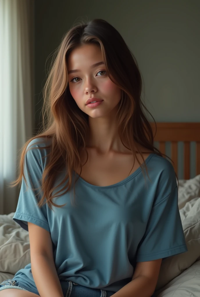A beutiful girl blue t shirt long hair at home