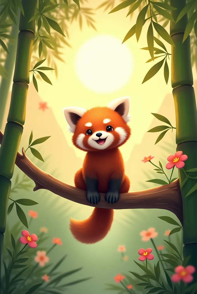 A playful red panda balancing on a tree branch, surrounded by bamboo leaves and flowers. The red panda has a happy expression, and the background includes simple mountain outlines and a sun peeking through
