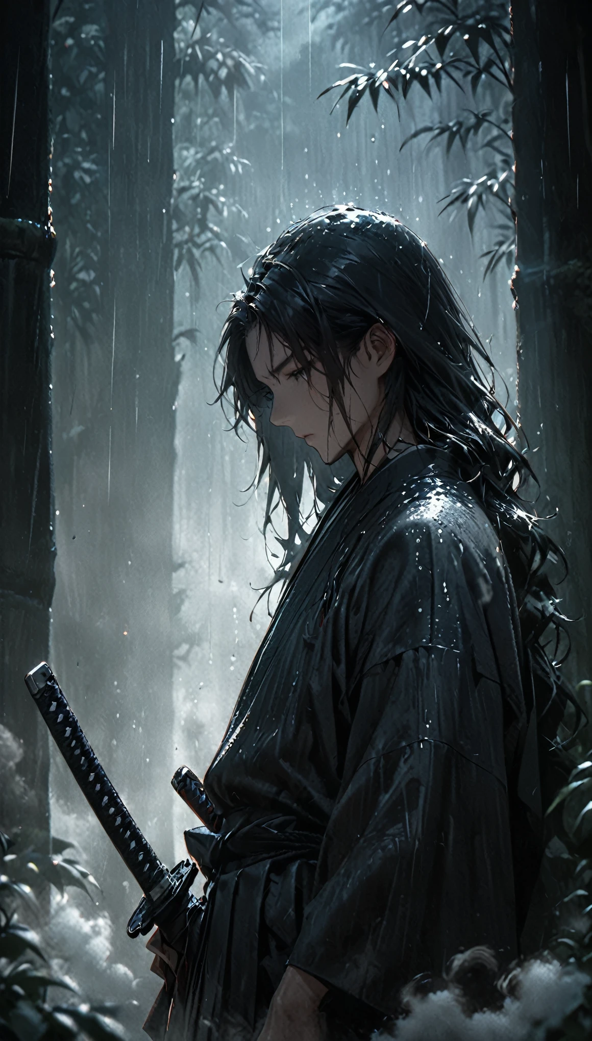 portrait, film poster, 1boy, solo, long hair, Japanese clothing, black clothing, samurai, wearing hakama, (holding weapon, katana), plain tree, sheath, shadow, (ink painting), dramatic lighting, cinematic lighting bamboo forest background, ((white fog foreground)), (rainy), (masterpiece:1.2), (best quality), super detailed, [cowboy shot], from side, DeepNegative_xl_v1