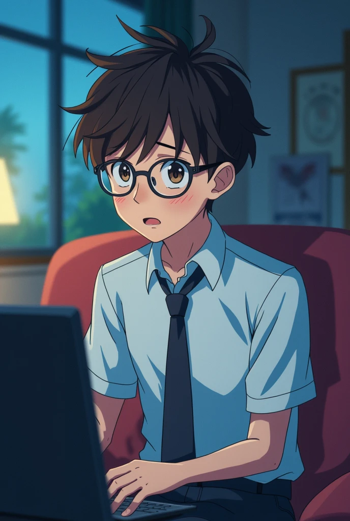 Hair: Short, dark brown hair, slightly messy and falling over his forehead.Eyes: Wears glasses, giving him a studious, nerdy look.Facial expression: Often has a flustered or nervous expression.Build: Slender and average, with no particularly athletic features.Clothing: Typically wears a white shirt : a white shirt, dark trousers, and a tie. high skool Boy anime 2d watching anime .smile